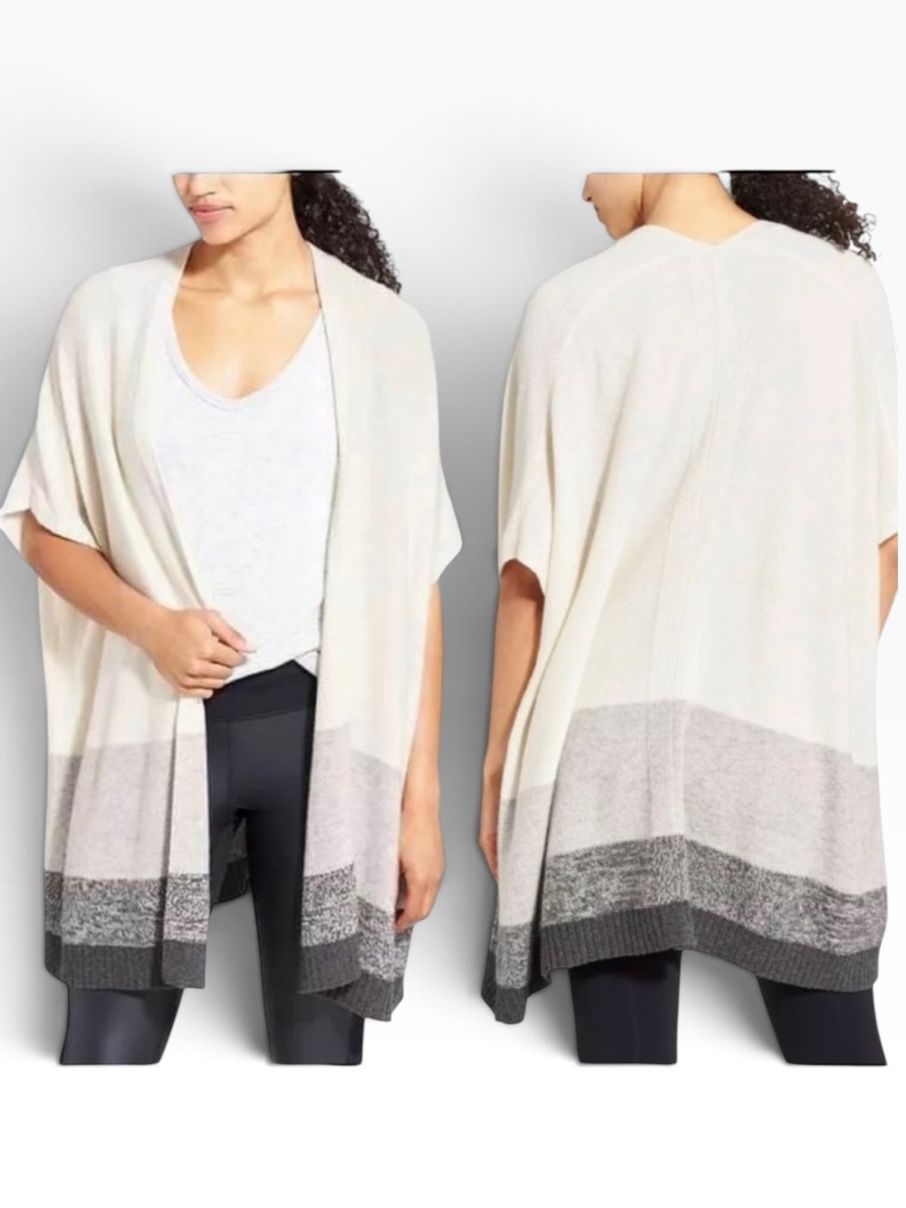 Athleta cream and gray striped 100% cashmere wrap poncho